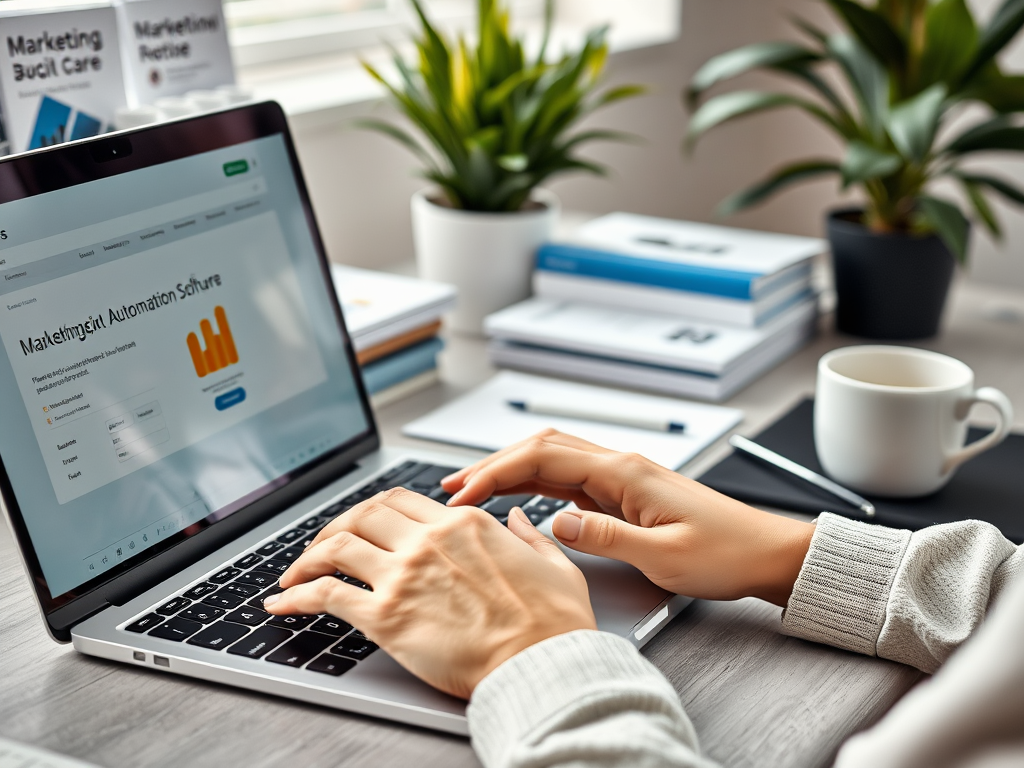 A person types on a laptop displaying marketing automation software, surrounded by plants and a mug.